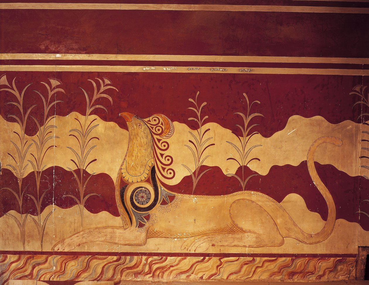 Fresk na ścianie, Sala Tronowa, Pałac Minos, Knossos, Kreta, Grecja autorstwa Benjamin Baud