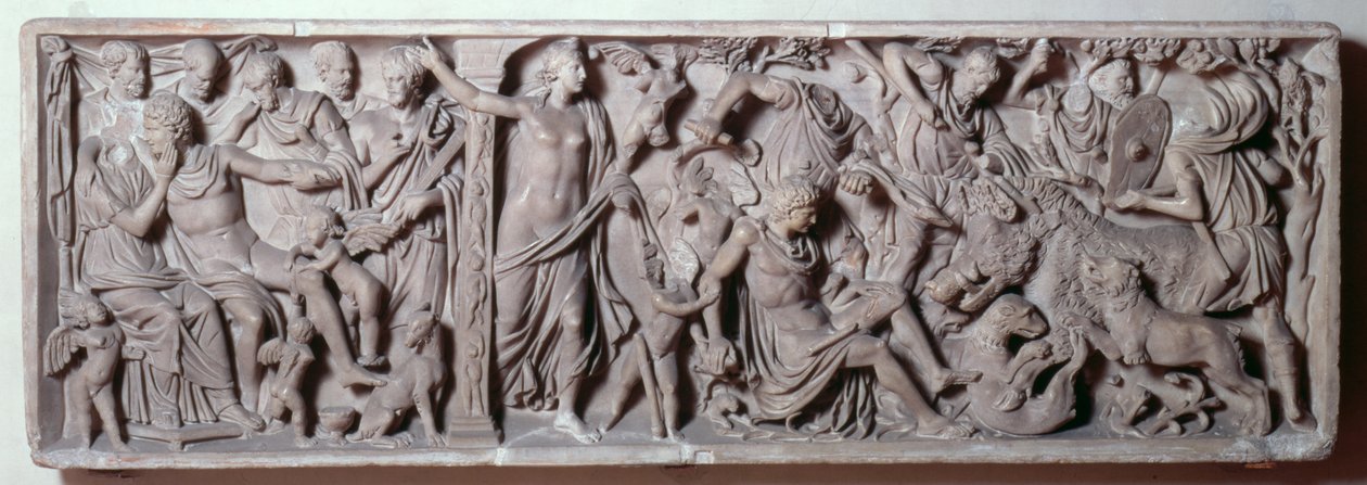 Przód sarkofagu przedstawiającego śmierć Adonisa, Rzymianin, II w. (marmur) autorstwa Unbekannt