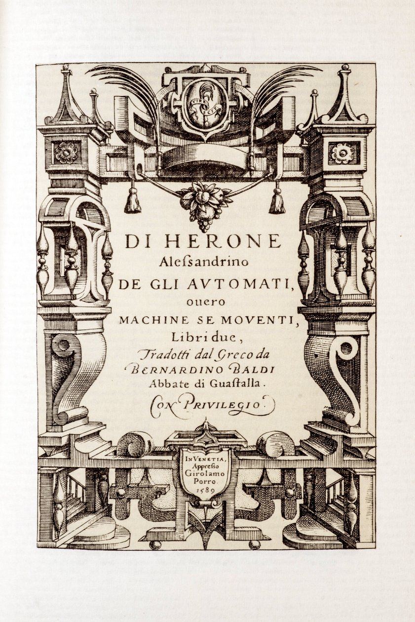 Frontyspicjum „Automatonów” Herona z Aleksandrii (I wiek) 1589 autorstwa Unbekannt