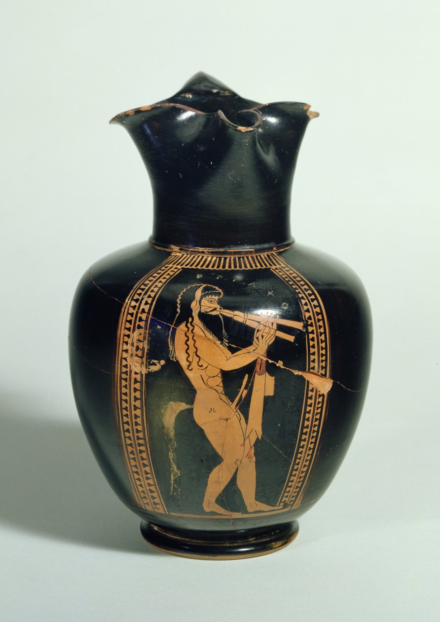 GR.126-1864 Oinochoe, ozdobiony Satyrem grającym na podwójnych fletach, Czerwona figura Attic, Ateny, Grek, 520 pne (glina) autorstwa Unbekannt