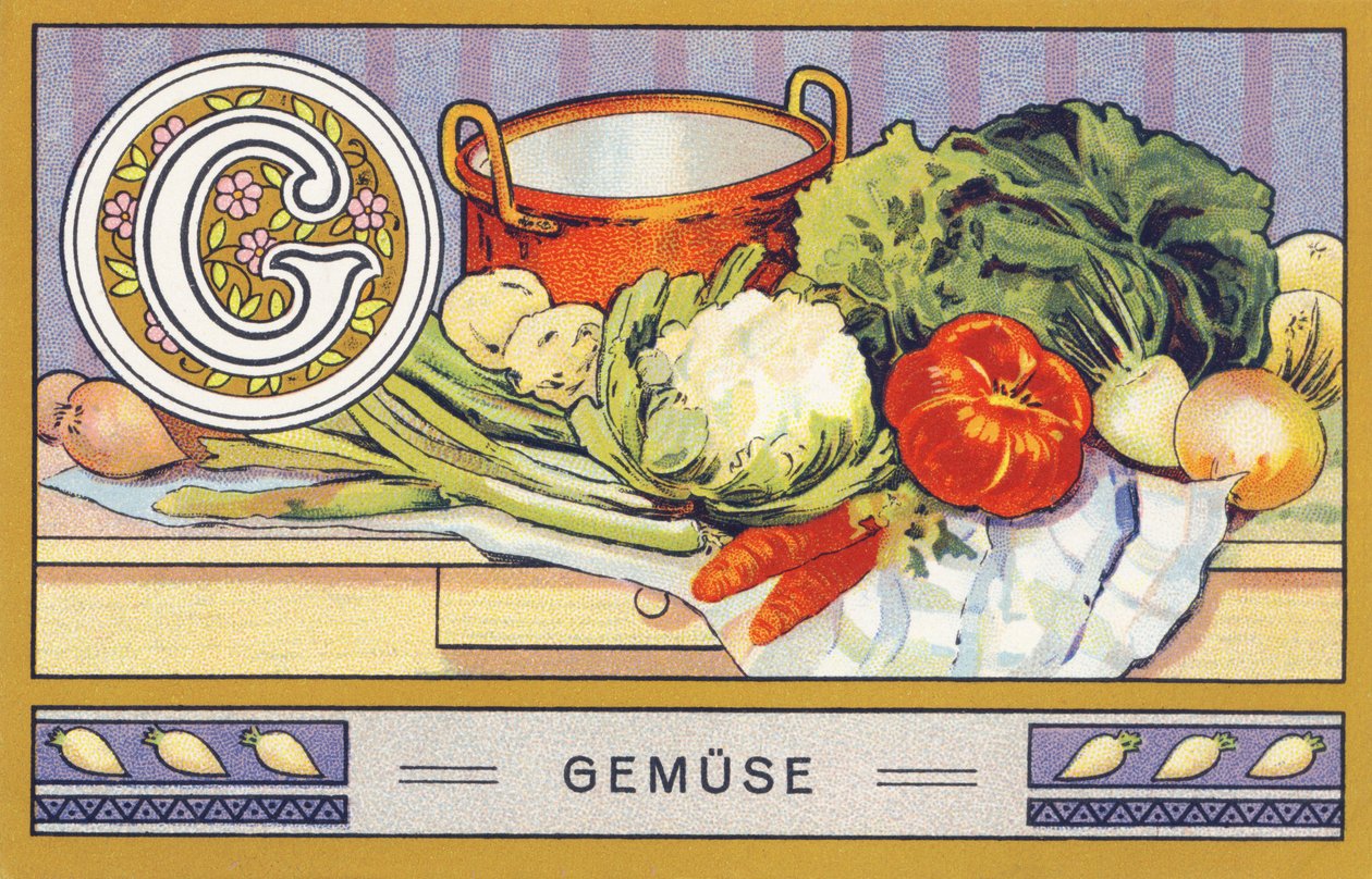G: warzywo - alfabet palmowy. Seria chromolitografii pod redakcją H. Schlincka i Cie, Hamburg, s. d. . Reklama najlepszego tłuszczu kokosowego firmy Palmin. Wymiary: 7 x 11 cm autorstwa William M. Timlin