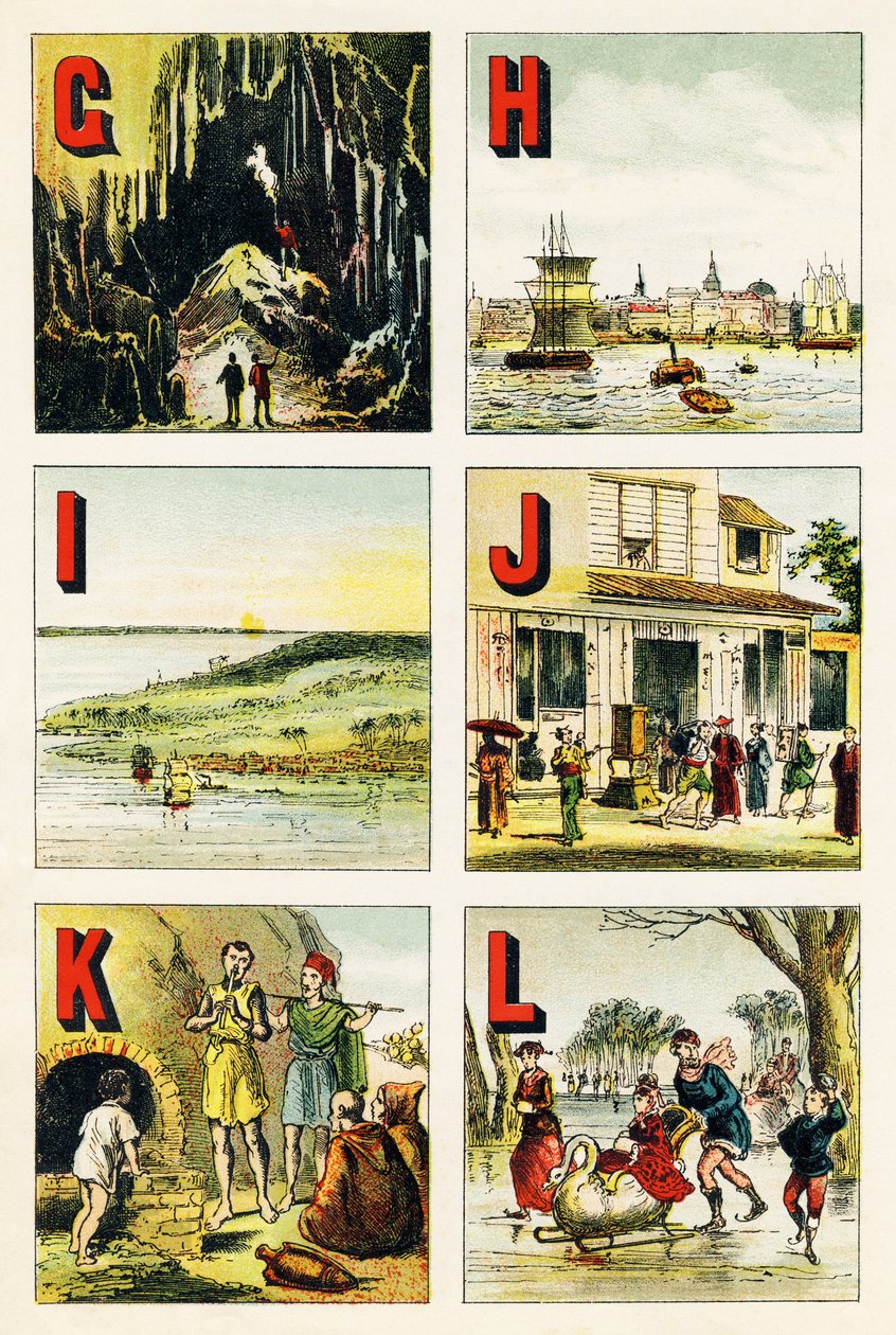 G H I J K L: jaskinia, Hamburg, wyspa, Japonia, Kabylie, jezioro - Grawerunek wydobyty z alfabetu geograficznego. Guerin-Muller et Cie, wydawnictwa, Paryż autorstwa Unbekannt
