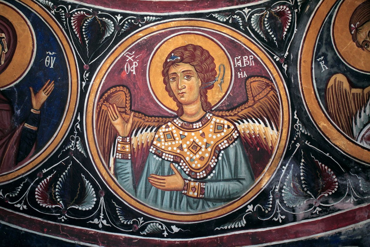 Medalion Gabriela Archanioła wokół Chrystusa i Sądu Ostatecznego Szczegóły bizantyjskiego fresku ze sklepienia Narthex kościoła Asinou Scena ostatniego wyroku XIV w. (1332) UNESCO, światowe dziedzictwo kulturowe Region Troodos, Cypr autorstwa Unbekannt