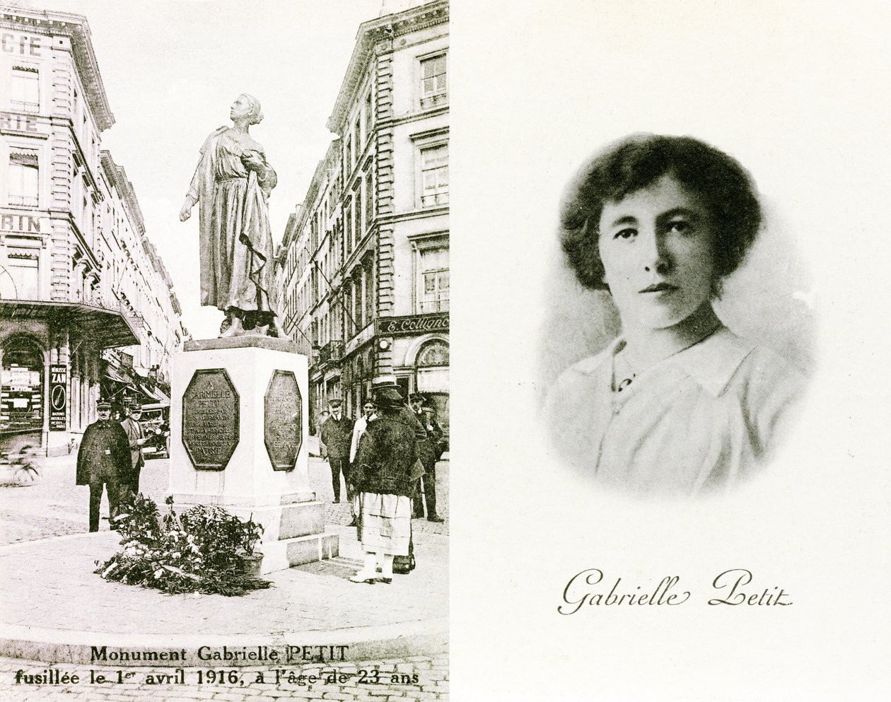 Gabrielle Petit i pomnik wzniesiony na jej cześć w Brukseli, karty pamiątkowe, ok. 1925 (lito) autorstwa Unbekannter Künstler