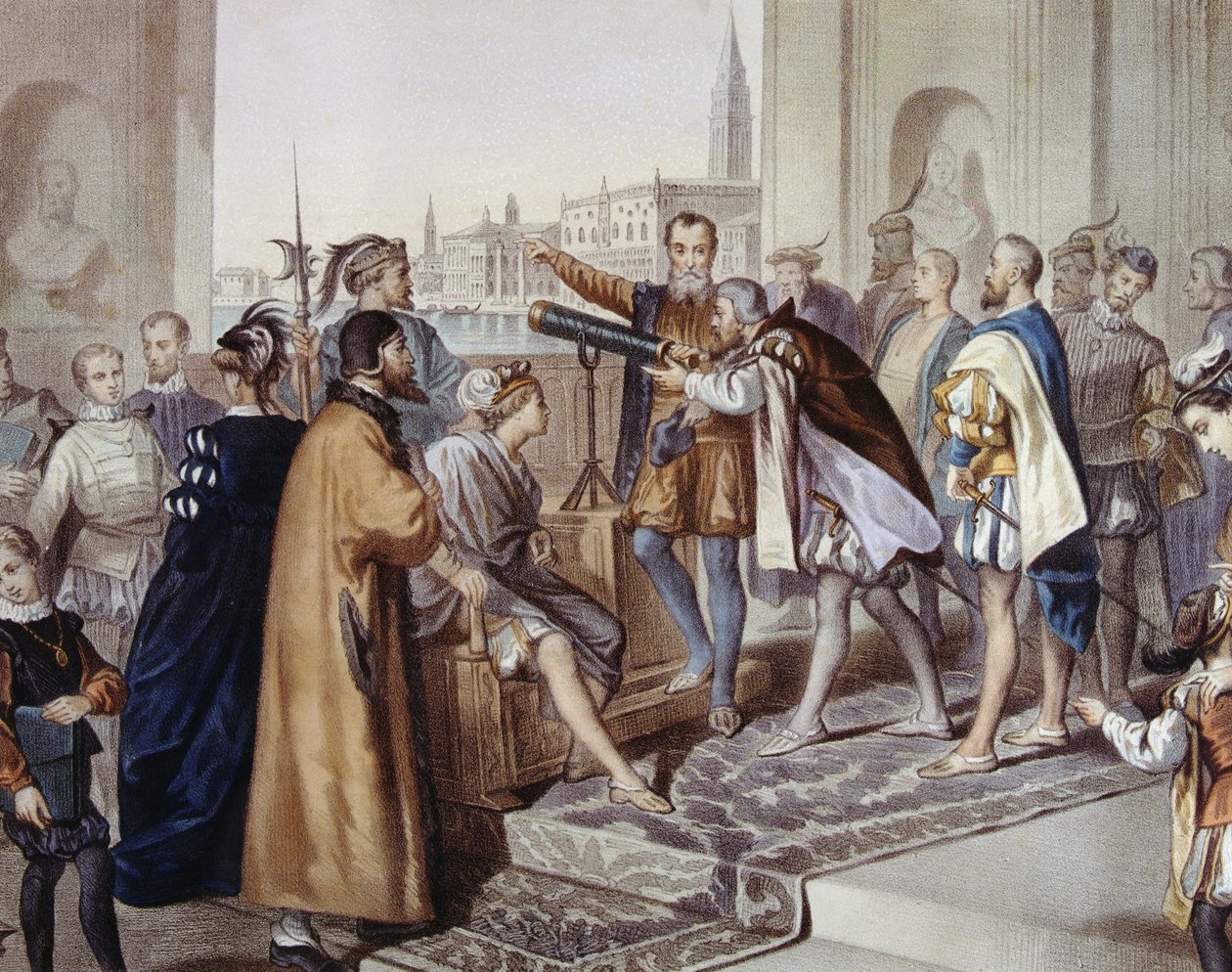 Galileo Galilei demonstruje swój wynalazek teleskopu (kolor lito) autorstwa Unbekannter Künstler