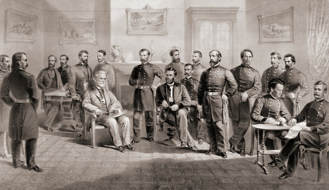Generał Ulysses S. Grant (siedzi pośrodku po prawej) i generał Robert E. Lee (siedzi pośrodku po lewej) wraz ze swoim personelem w sądzie Appomattox w Wirginii, gdzie generał Lee poddał Armię Północnej Wirginii i tym samym zakończył wojnę secesyjną, autorstwa Unbekannt
