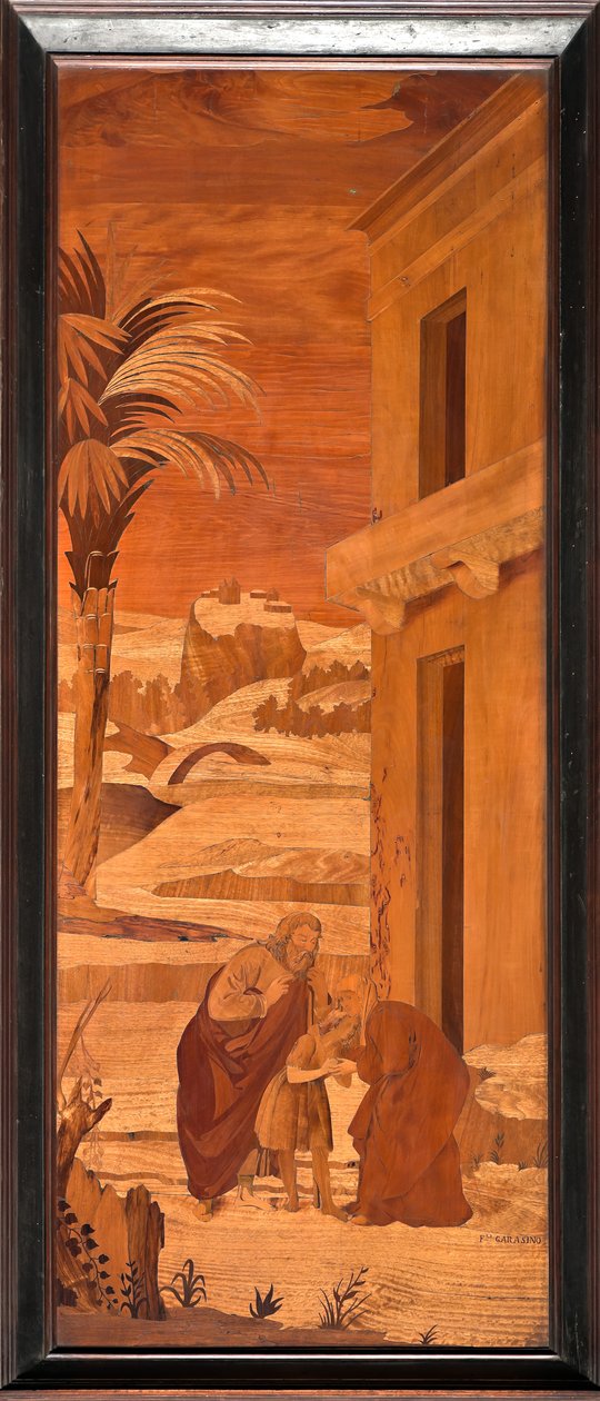 Genua, Duomo (katedra św. Wawrzyńca), wnętrze, absyda, chór, strona północna: „Św. Jan Chrzciciel żegna się z rodziną”, intarsja drewniana Vincenzo e Tommaso Garassino (XIX w.) autorstwa Unbekannter Künstler
