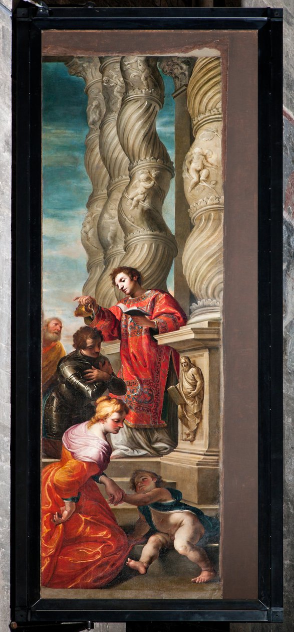 Genua, Duomo (katedra św. Wawrzyńca), wnętrze, nawa lewa, oryginalne drzwi organów transeptu po stronie południowej: „St Lawrence christens St Romanus” (1634-6), dzieło Andrea Ansaldo autorstwa Unbekannter Künstler