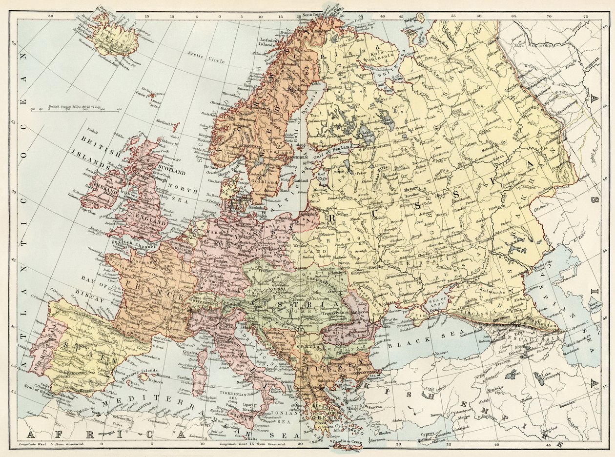 Mapa geograficzna Europy w latach 70. XIX wieku. XIX wieku - kolorowa litografia autorstwa Unbekannter Künstler