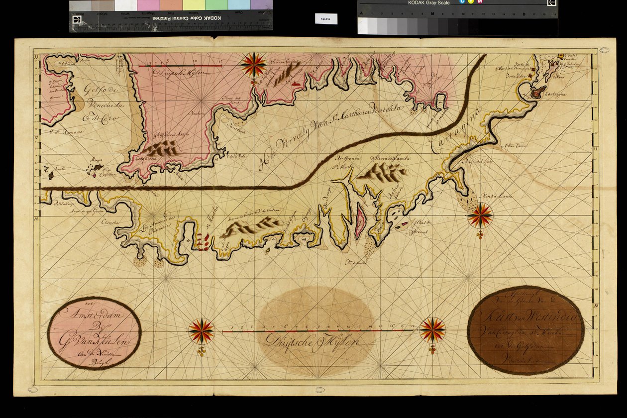 Mapa geograficzna: reprezentacja Cartageny w Kolumbii, wykonana przez holenderskiego kartografa Gerarda van Keulena (1678-1726) 1709-1713. Biblioteca Angelica, Rzym autorstwa Unbekannter Künstler