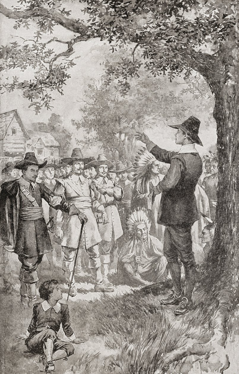 George Fox przemawiający do tłumu w Maryland w Ameryce w 1671 roku podczas czterodniowego spotkania lokalnych kwakrów. George Fox autorstwa Unbekannter Künstler