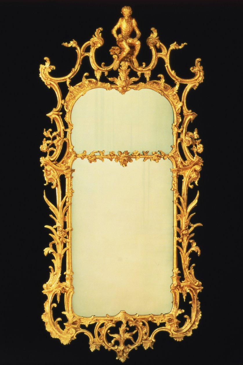 Lustro na molo z pozłacanego drewna Jerzego III, z dwiema płytami, kunsztownym grzebieniem, pośrodku figury małpy na skalnym stojaku, ok. 1765 r. autorstwa Unbekannt
