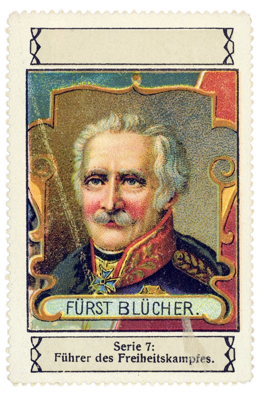 Niemiecki znaczek z wizerunkiem Gebharda Leberechta von Blucher (1742-1819) niemieckiego dowódcy w bitwie pod Waterloo. Seria chromolitografii „Fuhrer des Freiheitskampfes””, początek XX wieku autorstwa Unbekannter Künstler