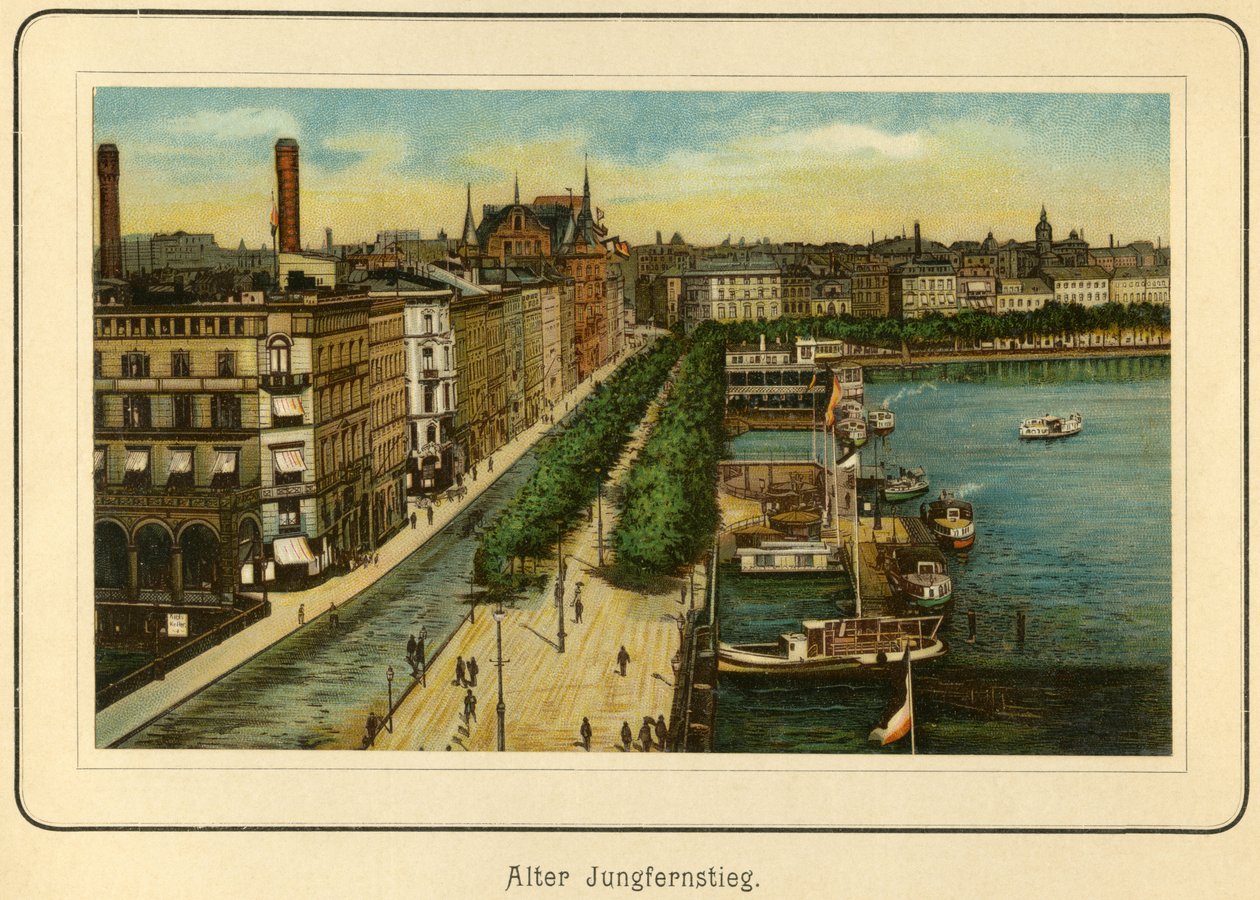 Niemcy, Hamburg, Alter Jungfernstieg , w pobliżu jeziora Alster, ilustracja z : "Ansichten-Album Hamburg", opublikowany przez C. Schneider, Berlin NW. ok. 1890 r. (litografia) autorstwa Unbekannter Künstler