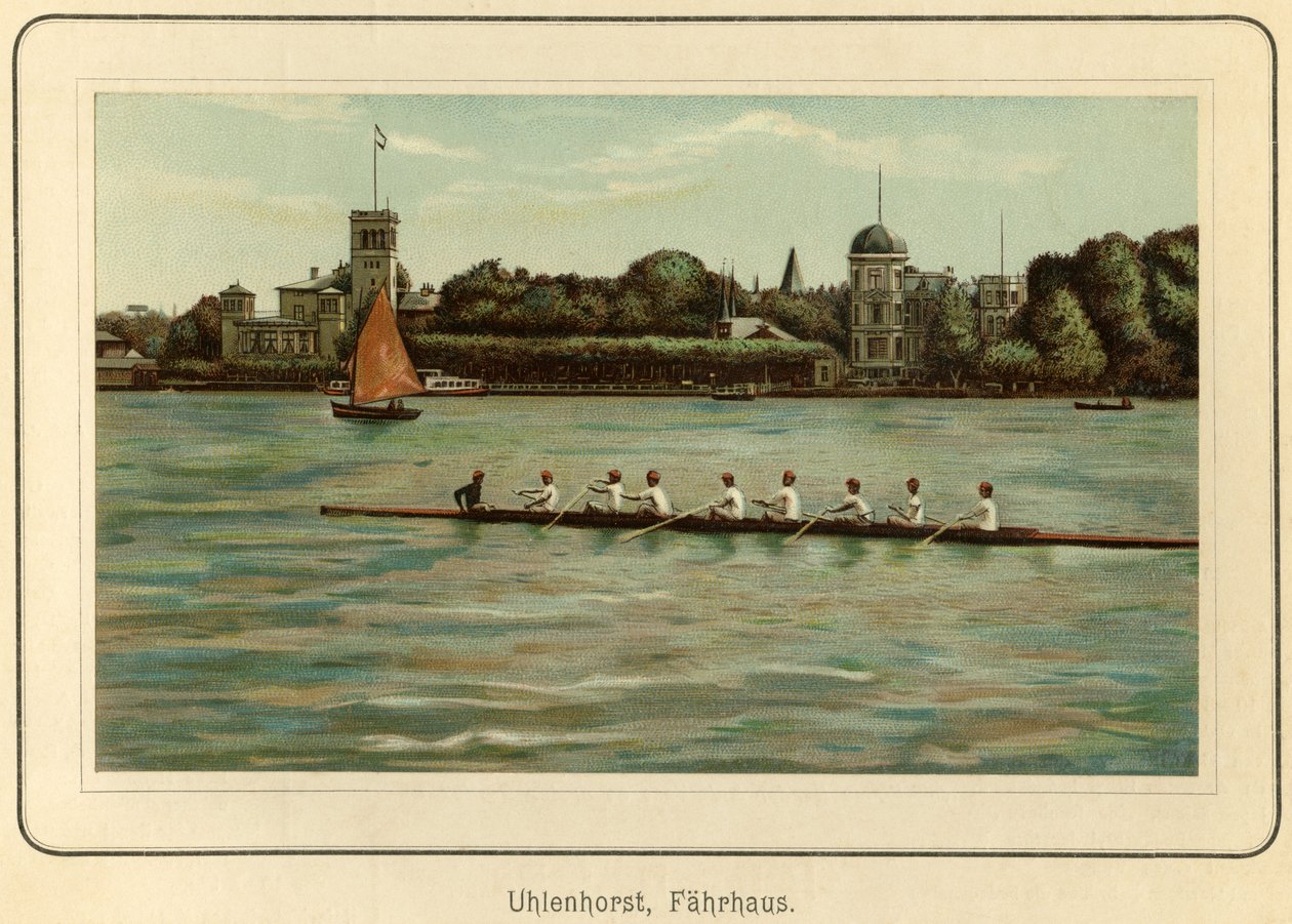 Niemcy, Hamburg, prom Uhlenhorst w pobliżu jeziora Alster, ilustracja z : "Ansichten-Album Hamburg" (widoki z Hamburga), opublikowane przez C. Schneider, Berlin NW ok. 1890 r. (litografia) autorstwa Unbekannter Künstler