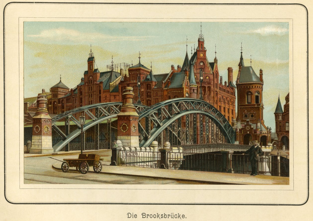 Niemcy, Hamburg, "Brooksbruecke" (most Brooksa) i w tle magazyny portowe, zwane "Speicherstadt", ok. 1890 r. (litografia) autorstwa Unbekannter Künstler