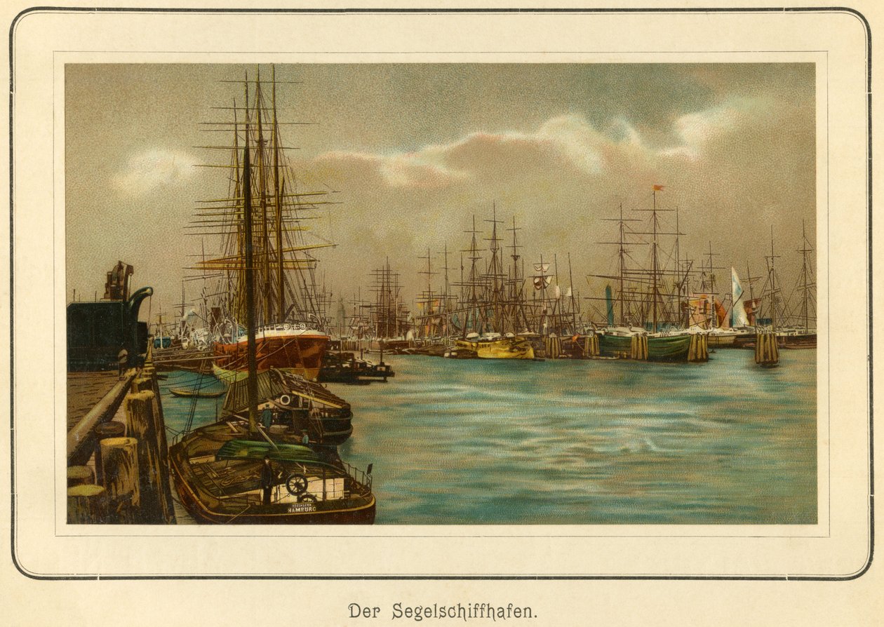 Niemcy, Hamburg, port dla żaglowców, litografia z : "Ansichten-Album Hamburg" (widoki z Hamburga), opublikowane przez C. Schneider, Berlin NW., ok. 1890 (litografia) autorstwa Unbekannter Künstler