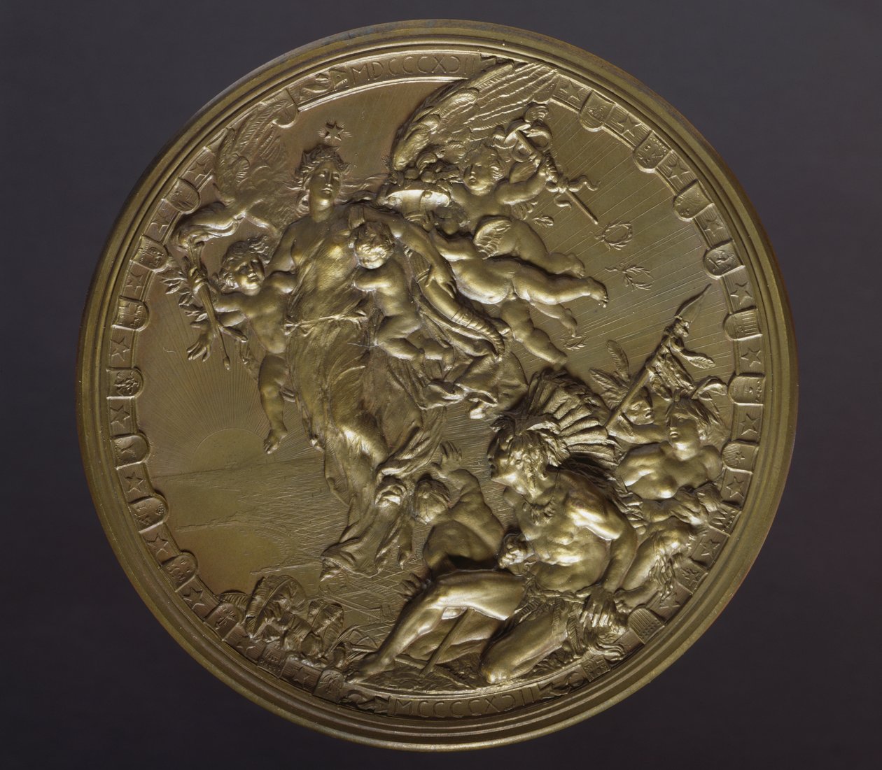 Pozłacany brązowy medal z okazji 400. rocznicy odkrycia Ameryk (1492-1892) autorstwa Benjamin Baud