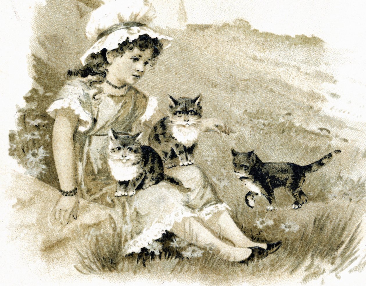 Dziewczyna wraca z kotami na kolanach. Pocztówka ok. 1900 r. Chromolitografia autorstwa Unbekannt