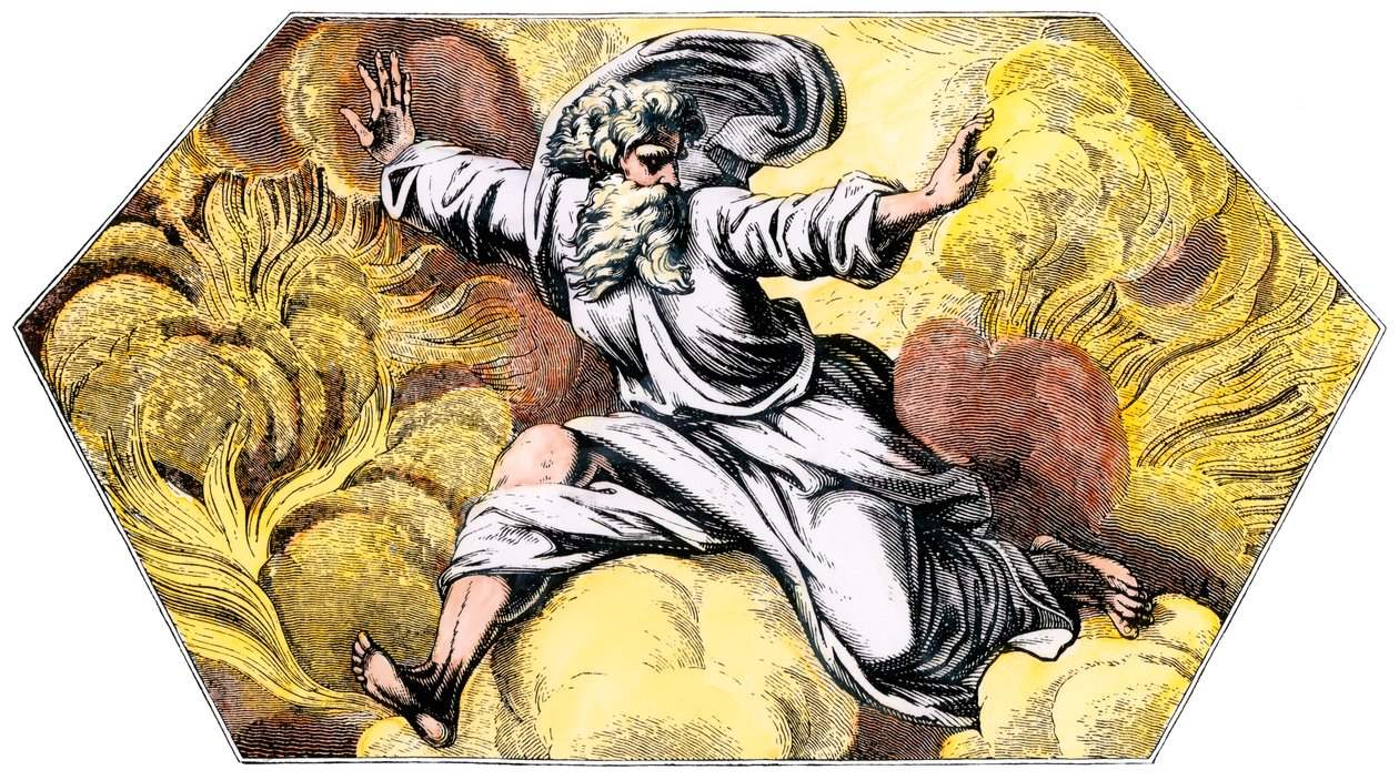 Bóg stwarzający niebo i ziemię - kolorowana rycina z XIX wieku, z Loggii Watykanu (Włochy) autorstwa Rafaela (Raffaello Sanzio). autorstwa Unbekannter Künstler