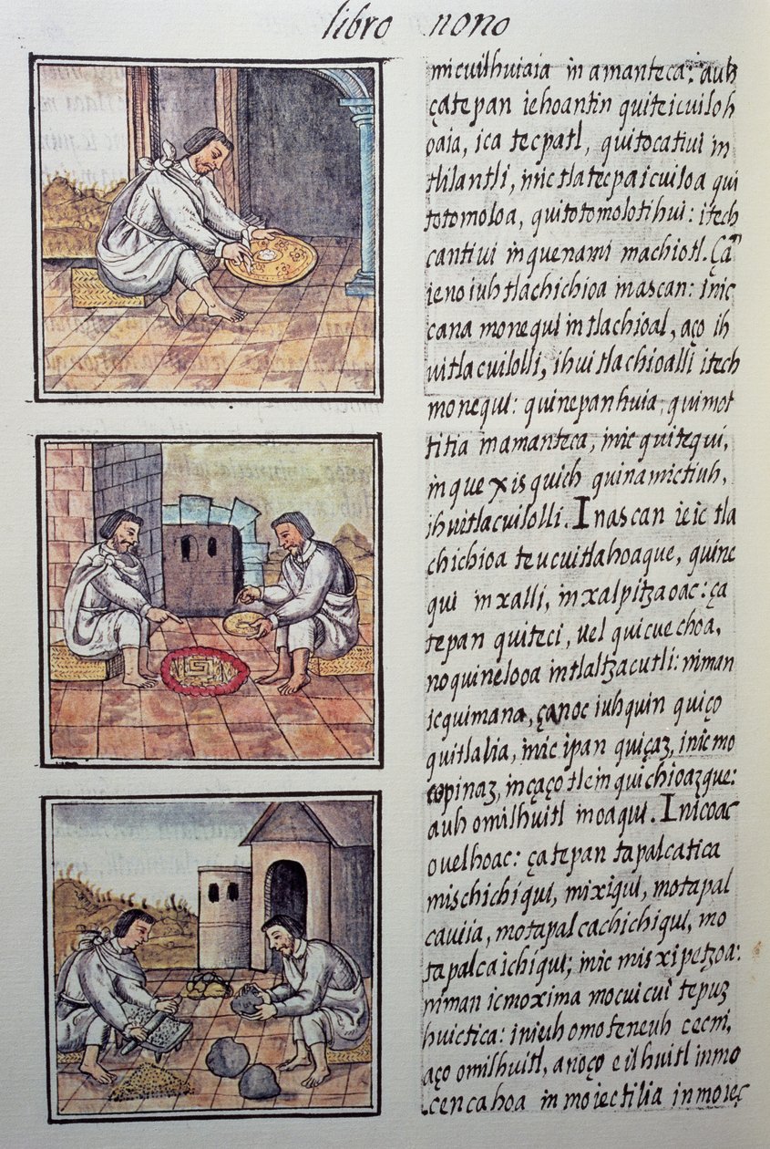 Obróbka złota po hiszpańskim podboju, strona z Kodeksu florenckiego, Ogólna historia rzeczy Nowej Hiszpanii, autorstwa hiszpańskiego misjonarza Fray Bernardino de Sahagun (1499-1590). Cywilizacja Azteków autorstwa William M. Timlin
