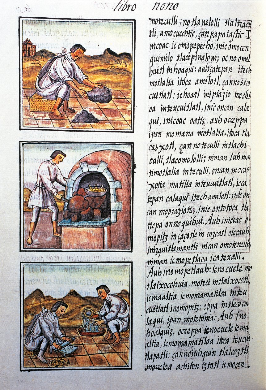 Obróbka złota przez hiszpański, tekst w języku nahuati, z faksymile rękopisu General History of Things of New Spain, znanego również jako Kodeks florencki, autorstwa Bernardino de Sahagun autorstwa Benjamin Baud