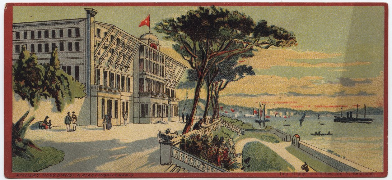 Grand hotele: widok zewnętrzny Therapia Summer Palace w Konstantynopolu w Turcji - Mapa serii przedstawiającej hotele „Compagnie Internationale des Grands Hotels”, koniec XIX-początek XX wieku autorstwa William M. Timlin