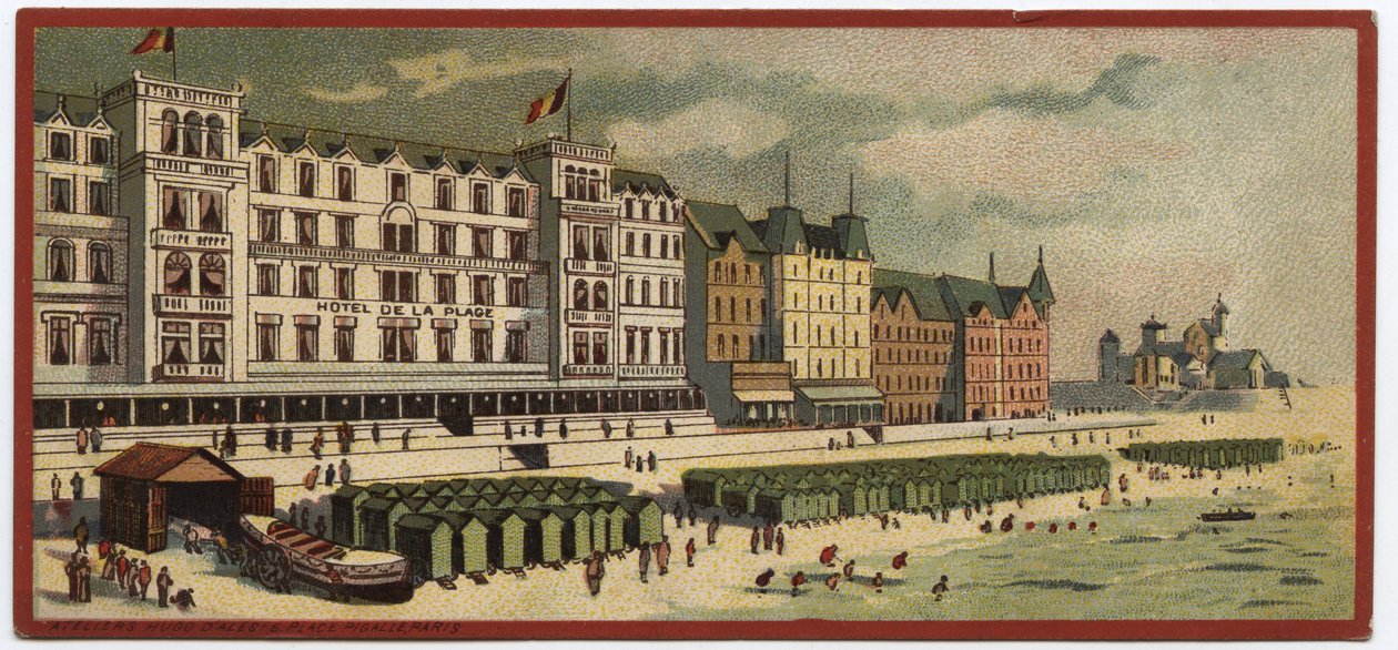 Grand hotele: widok zewnętrzny Hotelu de la Plage w Ostendzie, Belgia - Mapa serii przedstawiającej hotele „Compagnie Internationale des Grands Hotels”, koniec XIX i początek XX wieku autorstwa William M. Timlin