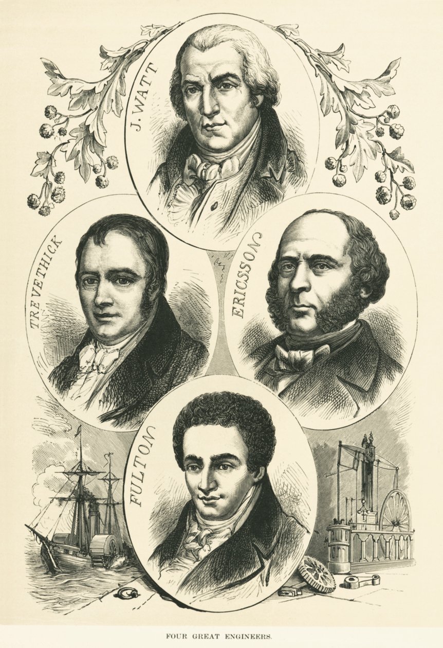 Wielcy inżynierowie i wynalazcy: James Watt, John Ericsson, Robert Fulton, Richard Trevithick, ok. 1880 (zdjęcie czarno-białe) autorstwa Unbekannt