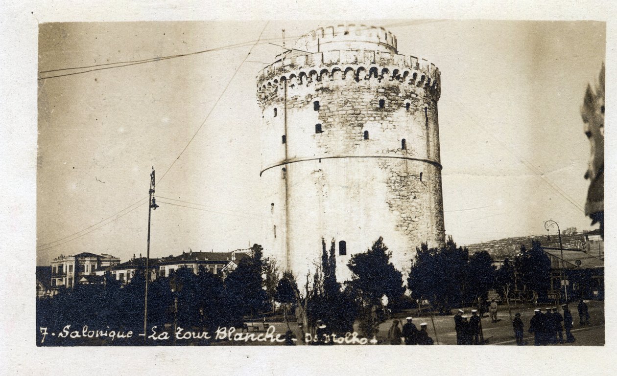Grecja, Saloniki (lub Saloniki): widok Białej Wieży – pocztówka 1914-1918 autorstwa William M. Timlin