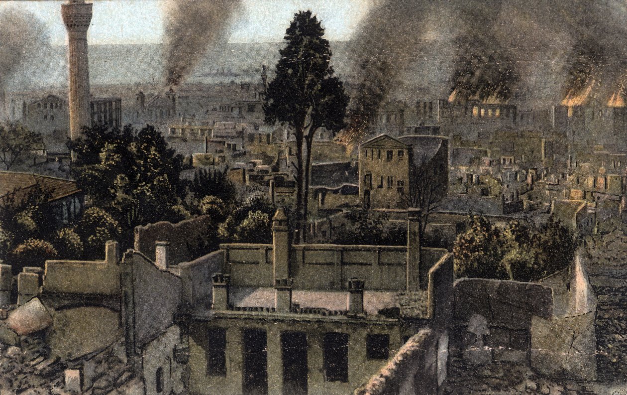 Grecja, Saloniki (lub Saloniki): widok częściowo spalonego górnego miasta, prawdopodobnie podczas pożaru w 1917 r. - Pocztówka 1914-1918 autorstwa Unbekannter Künstler