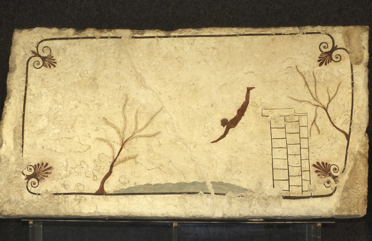 Sztuka grecka: Fresk z Grobowca Nurka, Paestum, region Kampania, Włochy. Tomba del Tuffatore, mural, park archeologiczny Paestum, Kampania, Włochy autorstwa Unbekannter Künstler