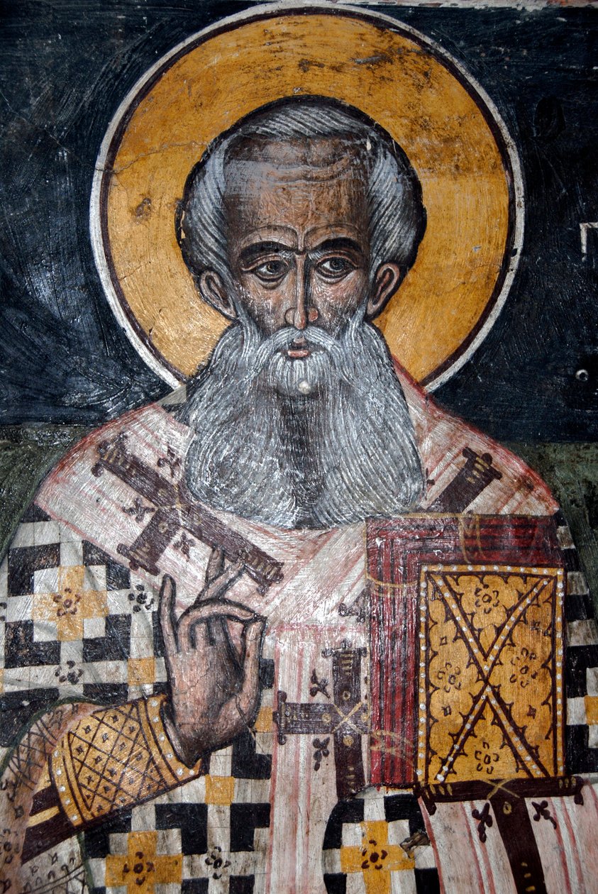 greckie prawosławie; starożytne freski bizantyjskie; mural biskupa Mikołaja; Kościół Agios Nikolaos w Petrze; Lesbos; Morze Egejskie; Grecja; Europa autorstwa Unbekannt