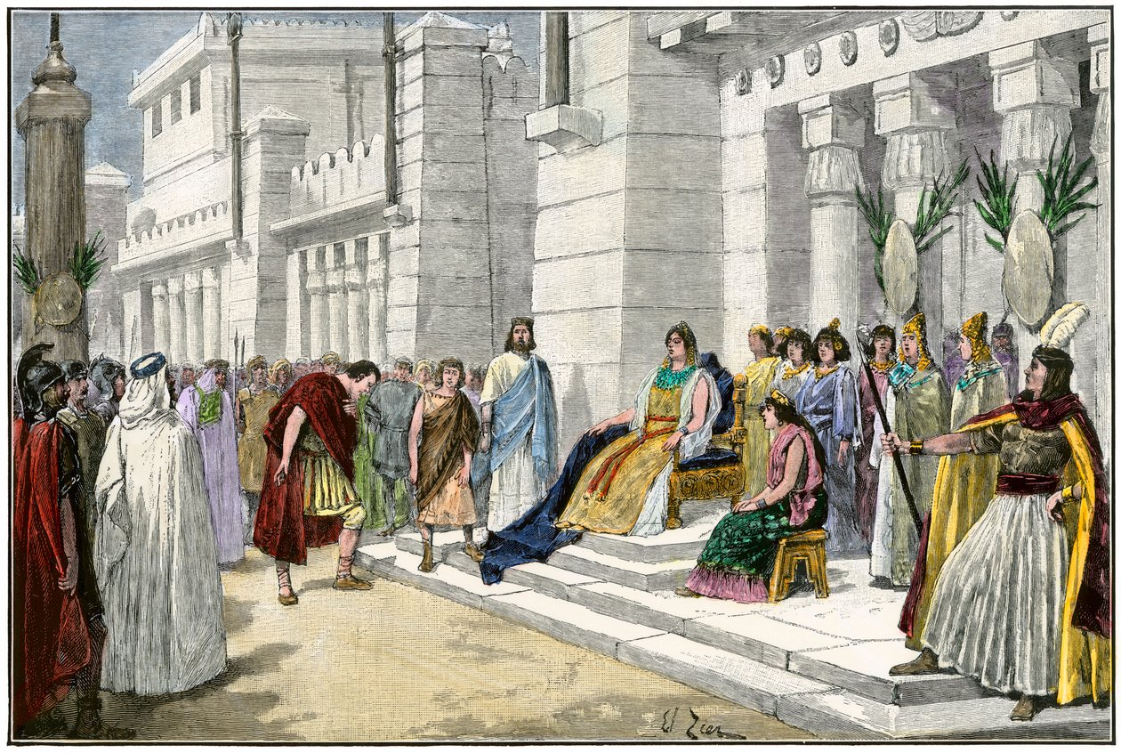 Mitologia grecka i rzymska: Didon (lub Elisza lub Elissa), legendarny założyciel i pierwsza królowa Kartaginy (Tunezja), otrzymuje Enee, heros wojny trojańskiej i założyciel Lavinium, pochodzący z Rzymu (Włochy) - kolorowana rycina z XIX wieku - Dido, fou autorstwa Unbekannter Künstler