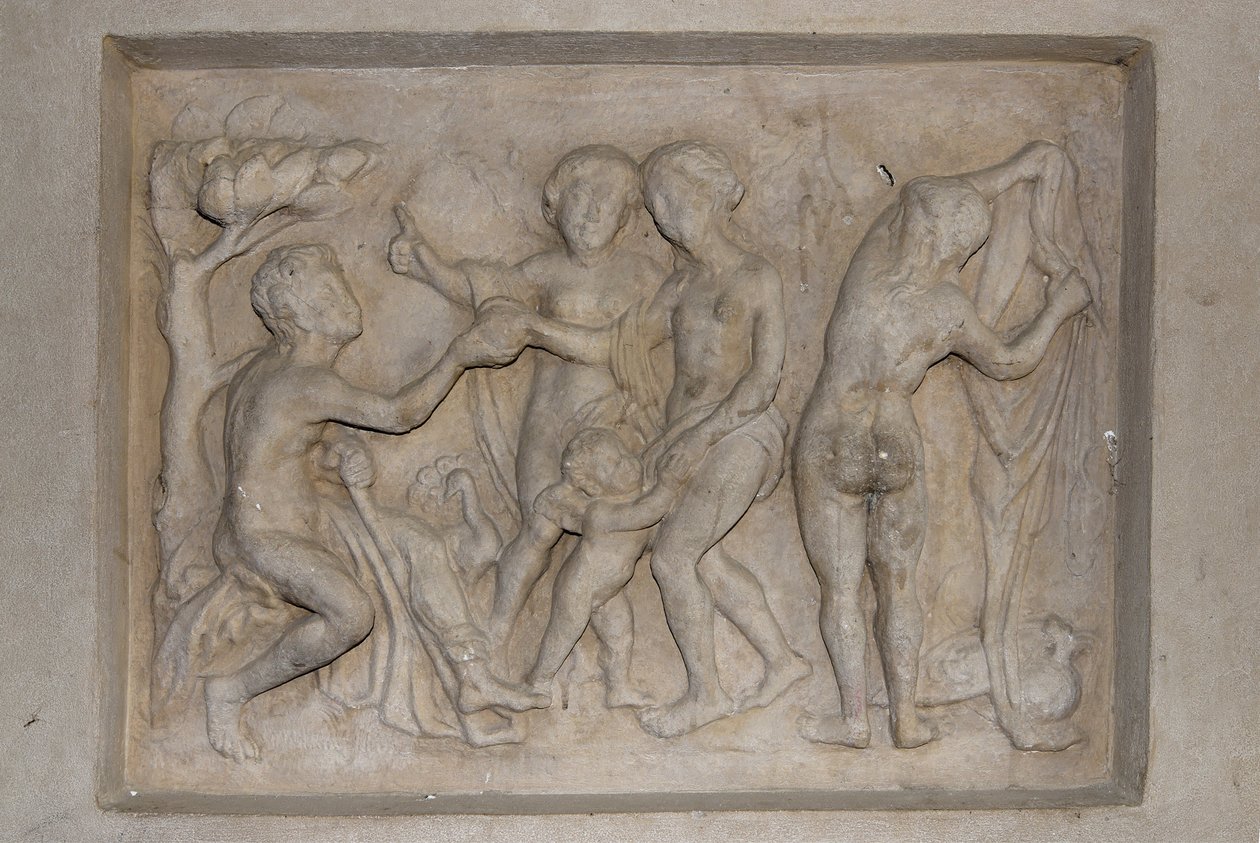 Mitologia grecka: Sąd Paryski. Pasterz Paris musi wybrać najpiękniejszą z trzech bogiń z Afrodyty (Wenus), w towarzystwie Kupidyna, Hery (Junon) i Ateny (Minerwa). Wybiera Afrodytę, której ofiarowuje złote jabłko. Ulga autorstwa Unbekannt
