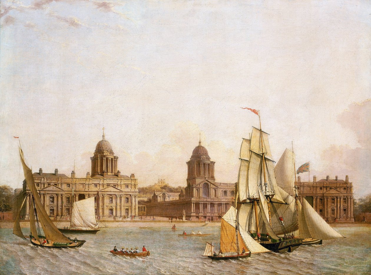 Szpital Greenwich (Anglia), z Isle of Dogs (północny brzeg Tamizy), z nawigacją różnych łodzi na rzece. Olej na płótnie, około 1830-1840 autorstwa Unbekannter Künstler
