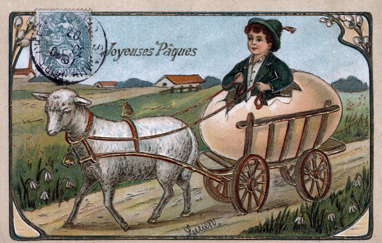 Kartka z życzeniami na Wielkanoc: dziecko wychodzące z jajka prowadzi wóz ciągnięty przez baranka - Pocztówka z 1907 r. autorstwa William M. Timlin