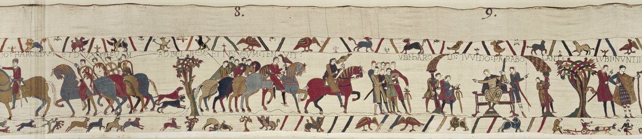 Facet z Ponthieu zabiera Harolda jako więźnia do zamku Beaurain, gobelin z Bayeux (haft z wełny na płótnie) autorstwa Unbekannt