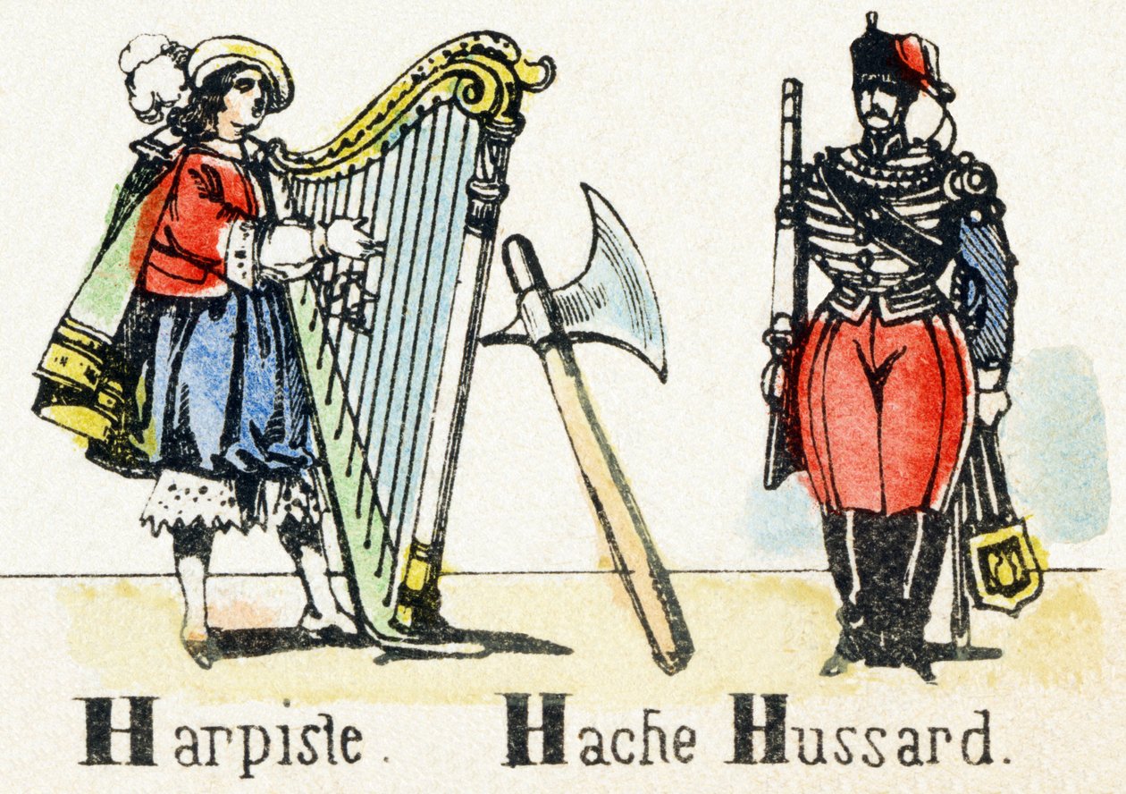 H - Harfista Axe Hussar - Alfabet - rozrywka dla dzieci - Obraz epinal, popularna seria c.1890 (ilustracja) autorstwa Unbekannt