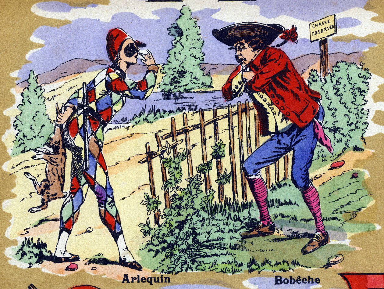 Arlekin i Bobeche. Ilustrowany alfabet. Obrazy ponownie zjednoczone w Jarville-Nancy na początku XX wieku. Wymiary: 40 x 29 cm. Litografia na bistrowym tle autorstwa William M. Timlin