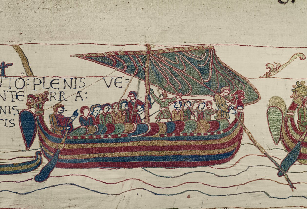Statki Harolda są wdmuchiwane na terytorium hrabiego Guy of Ponthieu, Bayeux Tapestry (haft z wełny na płótnie) autorstwa Unbekannt