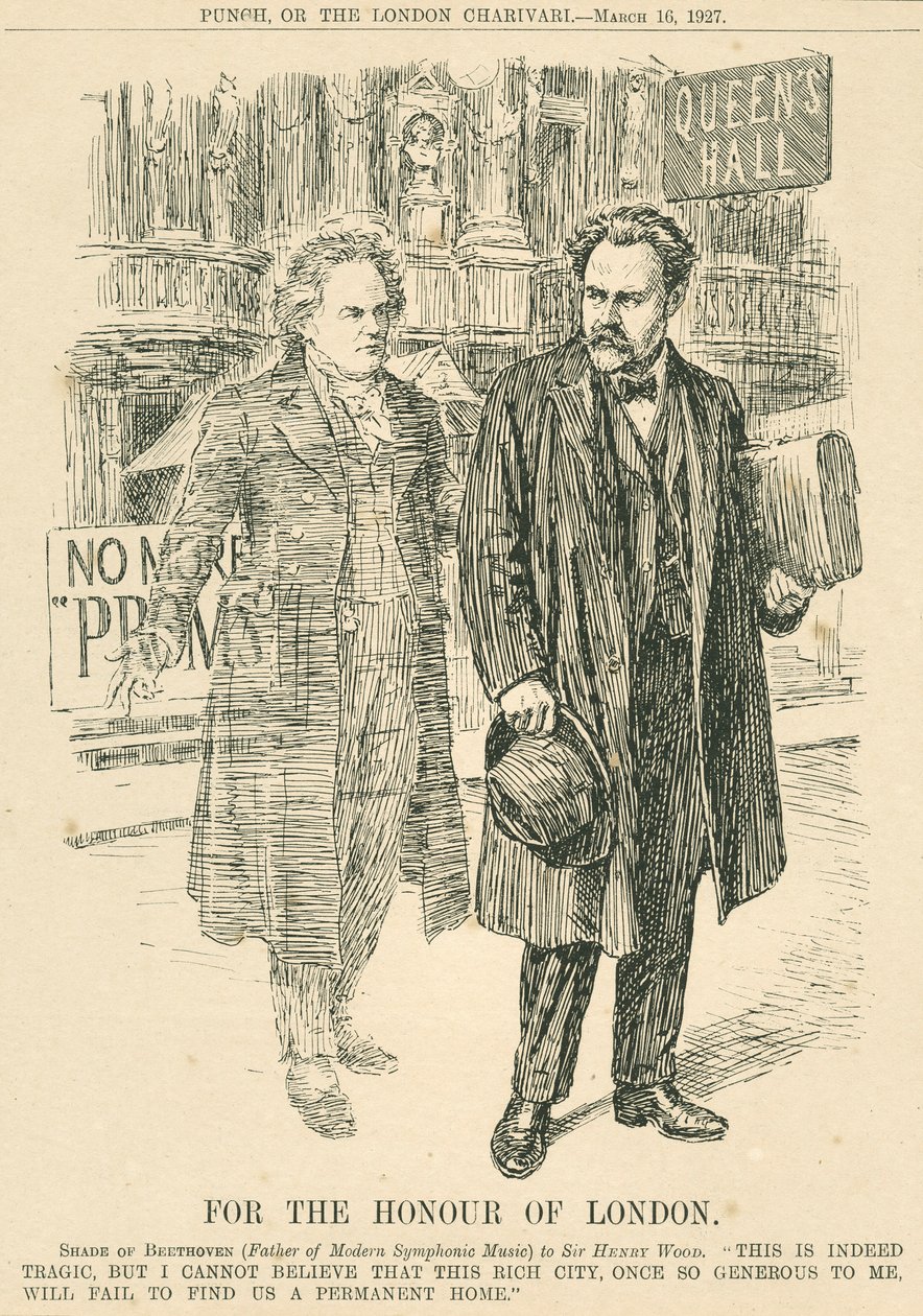 Henry Wood i duch Beethovena przed Salą Królowej, grawerunek z Punch lub The London Charivari, 16 marca autorstwa Unbekannt