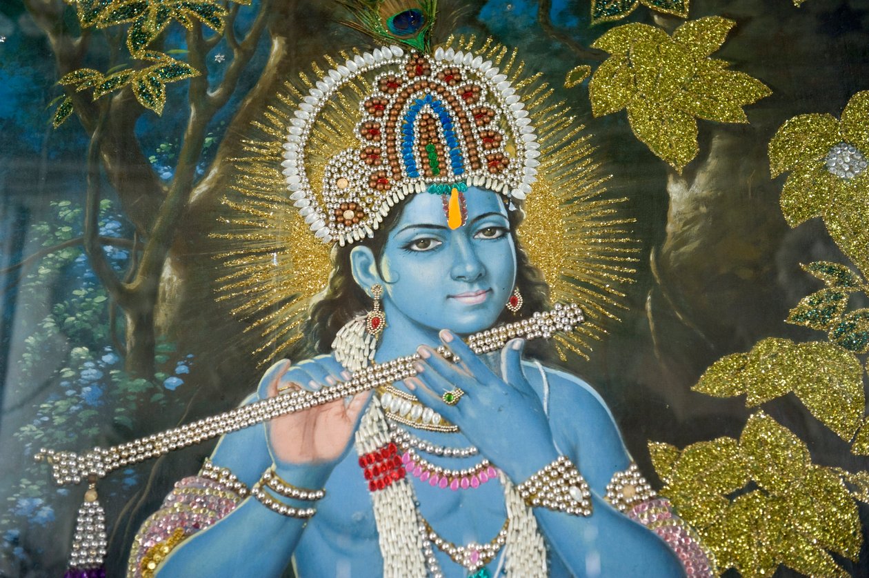 Hinduizm; obraz Pana Kryszny z fletem; Świątynia Durgiana Mandir Wisznu; Amritsar; Pendżab; Indie; Południowa Azja; Azja autorstwa Unbekannt