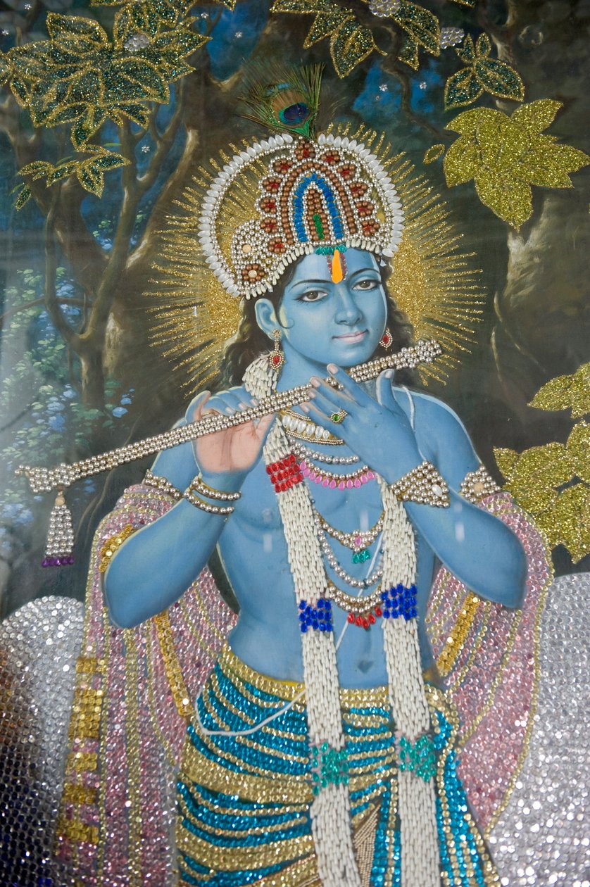 Hinduizm; obraz Pana Kryszny z fletem; Świątynia Durgiana Mandir Wisznu; Amritsar; Pendżab; Indie; Południowa Azja; Azja autorstwa Unbekannt