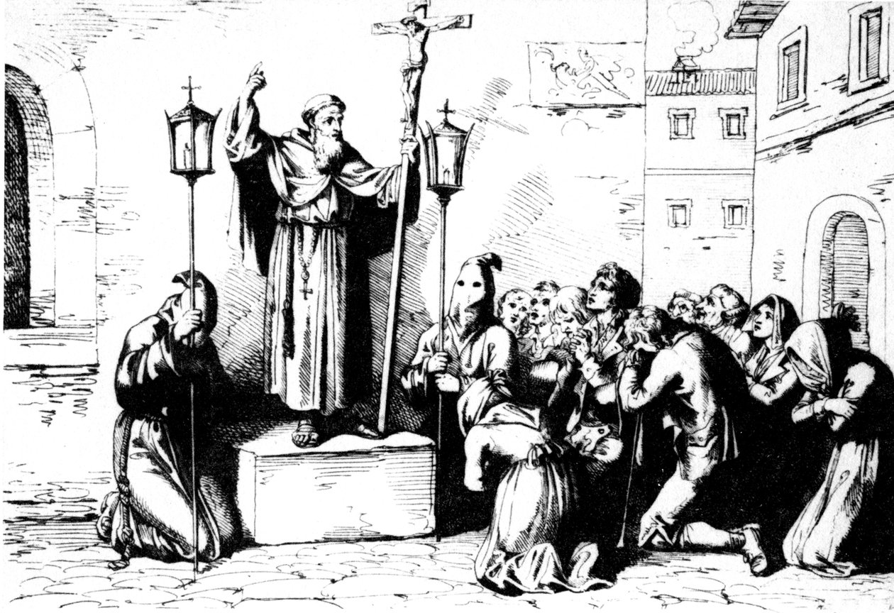 Historia starożytnego Rzymu. Zakonnik przemawia do ludzi na placu w Rzymie. Grawerowanie Bartolomeo Pinelli XIX wiek autorstwa Unbekannt