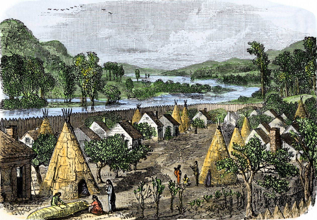 Historia rdzennej ludności: Wioska Mohawk, Nowy Jork, około 1780 roku. Kolorowa rycina z XIX wieku. autorstwa Unbekannter Künstler