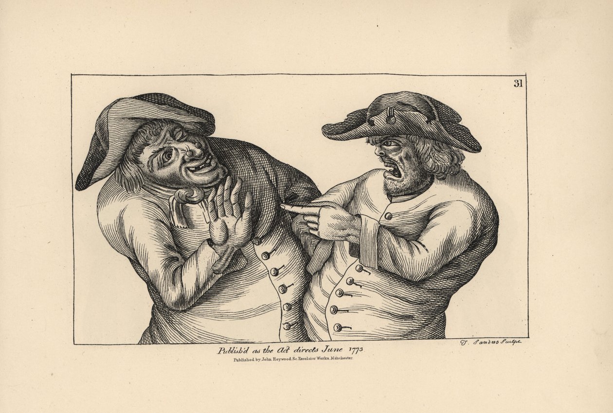 Hodge i Roaf oskarżają się nawzajem o pozostawienie dzbanka sików zamiast dzbanka piwa. Miedzioryt Thomasa Sandersa według satyrycznej ilustracji Timothy