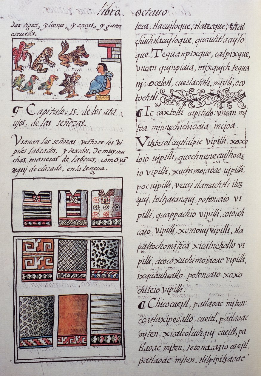 Huipil, kobiecy strój noszony przez szlachtę z haftowanymi bluzkami, księga VIII Kodeksu florenckiego, Ogólna historia rzeczy Nowej Hiszpanii, autorstwa hiszpańskiego misjonarza Fray Bernardino de Sahagun. Cywilizacja Azteków autorstwa William M. Timlin