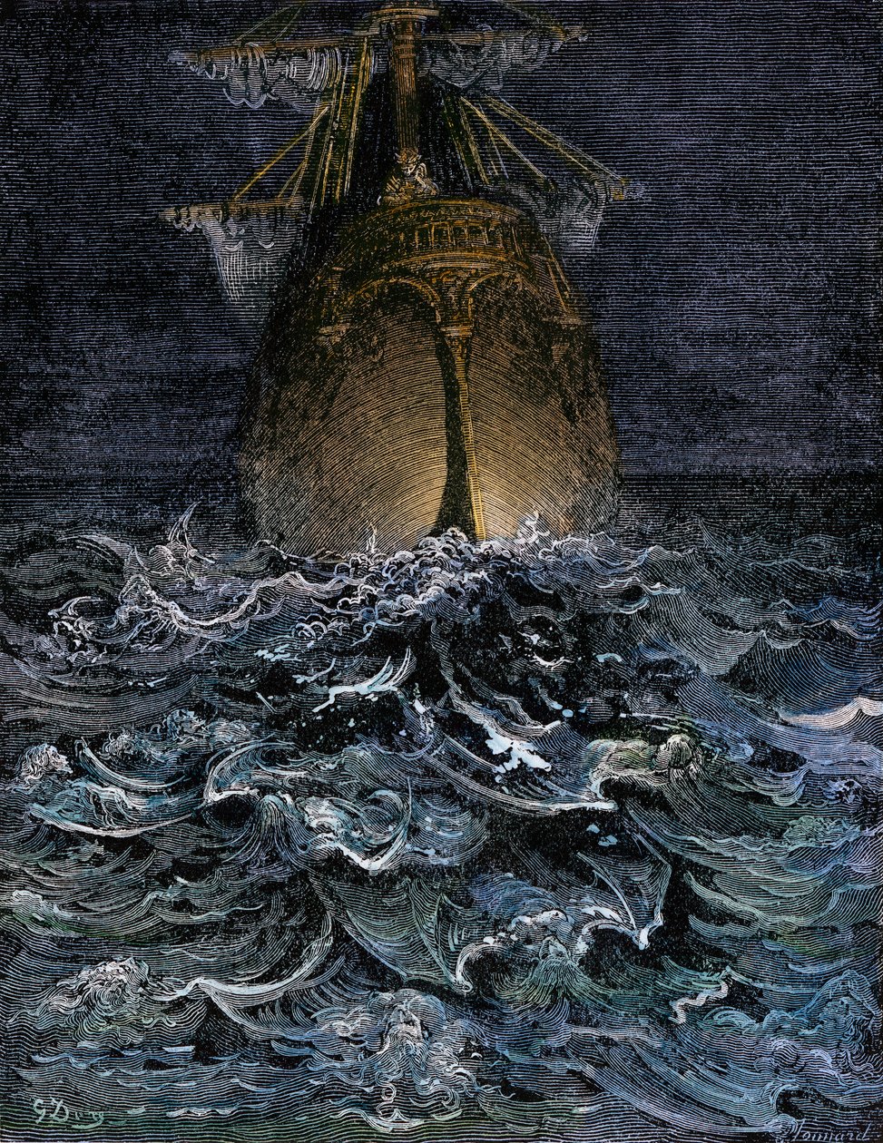 Patrzyłem na morze w rozkładzie, kadłub statku na morzu nocą - Ilustracja Gustave
