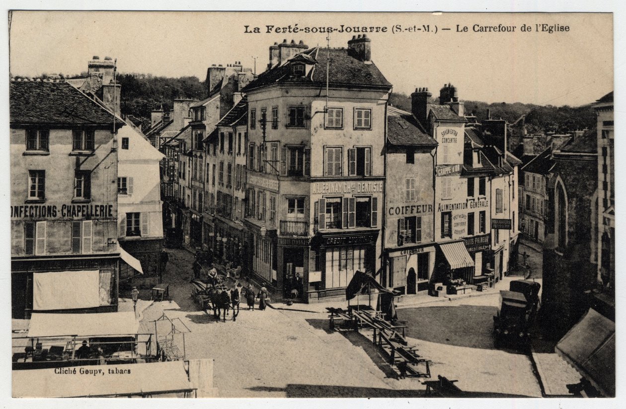 Ile de France, Seine et Marne (77), Ferte-sous-Jouarre (Ferte-sous-Jouarre): skrzyżowanie kościelne - pocztówka koniec XIX - początek XX wieku autorstwa Unknown